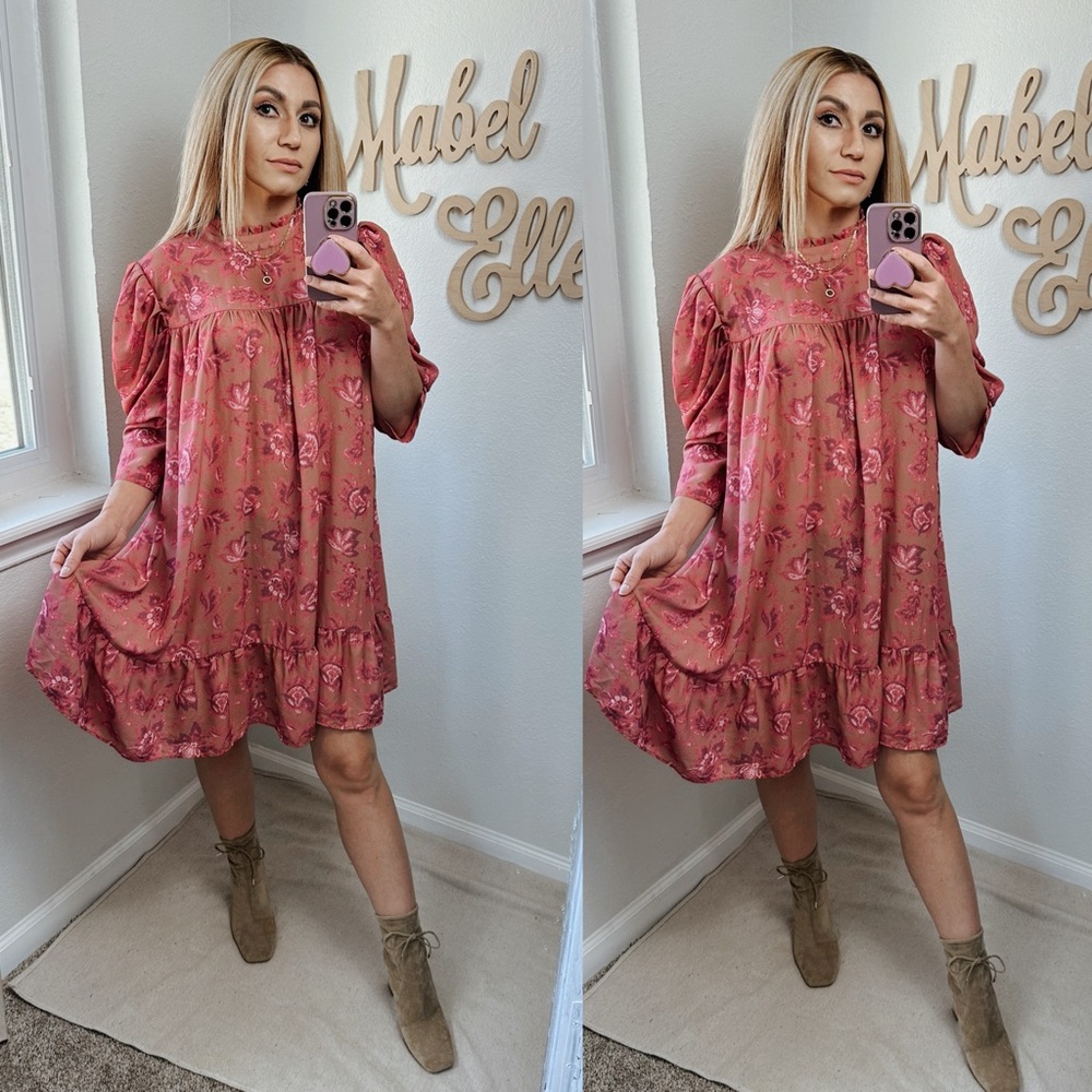 Boohoo feminine floral pink high neck statement sleeve smock dress size 12